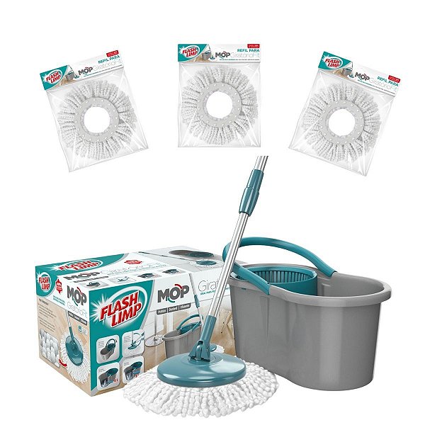 Mop Girátorio Fit Esfregão C 3 Refil Microfibra - Flashlimp