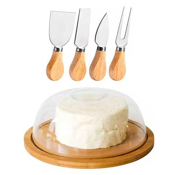 Kit Queijeira E Jogo P/ Cortar Queijo - Bambu