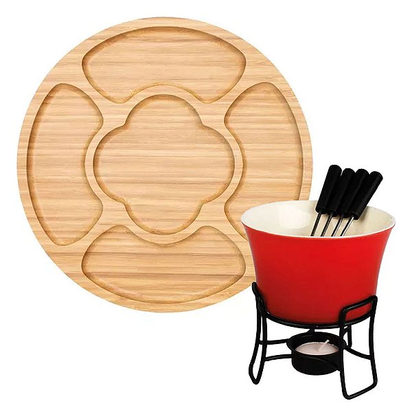 Kit Fondue Cermâmica Hauskraft + Petisqueira Bambu