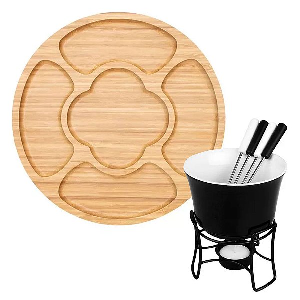Conjunto Fondue Cermâmica Hauskraft + Petisqueira Bambu