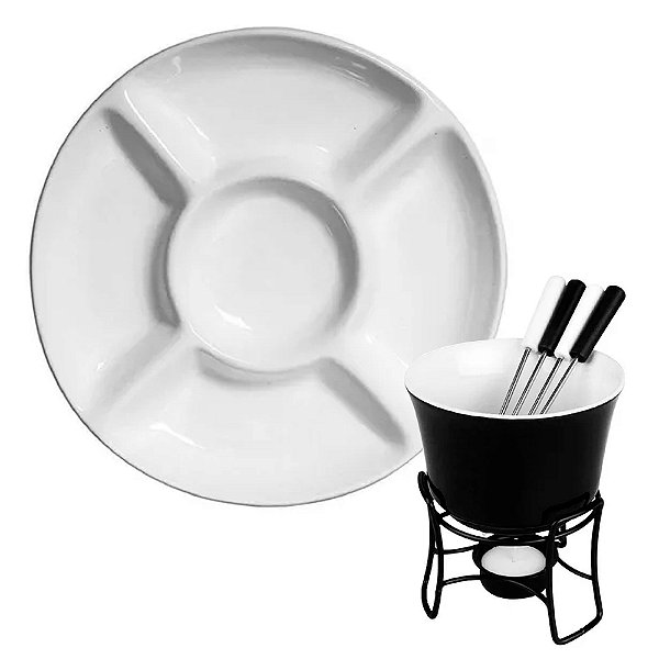 Kit Fondue Cermâmica Hauskraft + Petisqueira 5 Divisórias