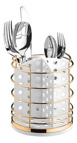 Porta Talheres Suporte Mesa Cozinha Aço Branco E Dourado