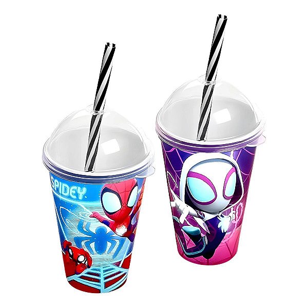 Kit 2 Copos Homem Aranha Spidey 280ml Com Tampa E Canudo