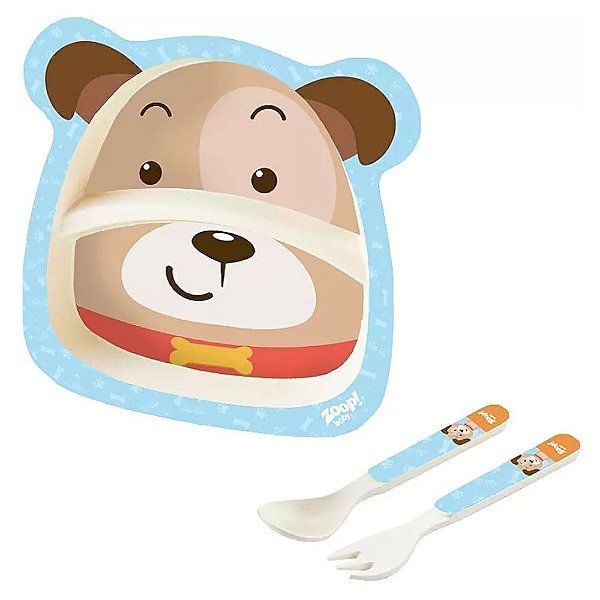 Kit Refeição Com Prato Infantil + Colher E Garfo Cachorro