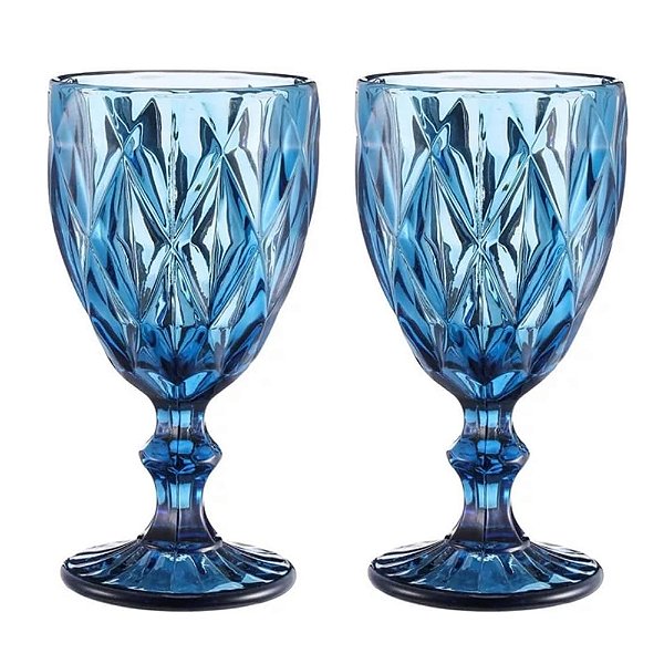 Conjunto 2 Taça Diamante Copo Vidro Azul 340ml