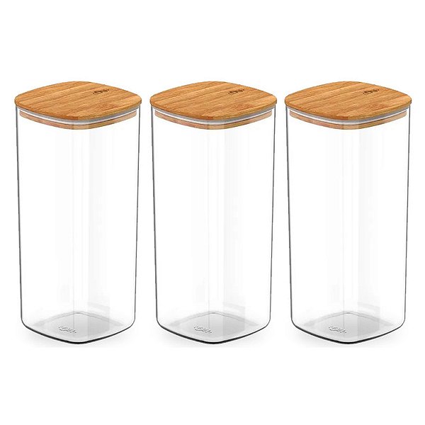 Kit 3 Pote Hermético Tampa De Bambu Transparente 1,5l Ou
