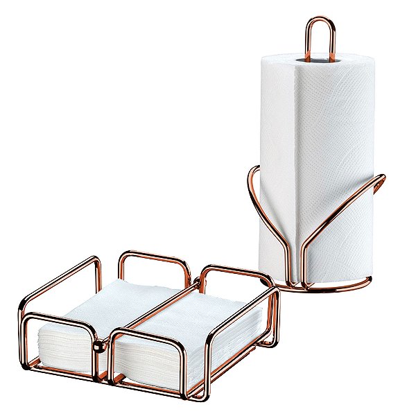 Kit Porta Rolo De Papel Toalha + Porta Guardanapo Rose Gold