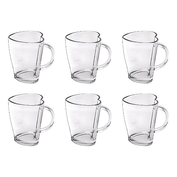 6 Canecas Vidro Heart Casual 240ml Transparente Class Home