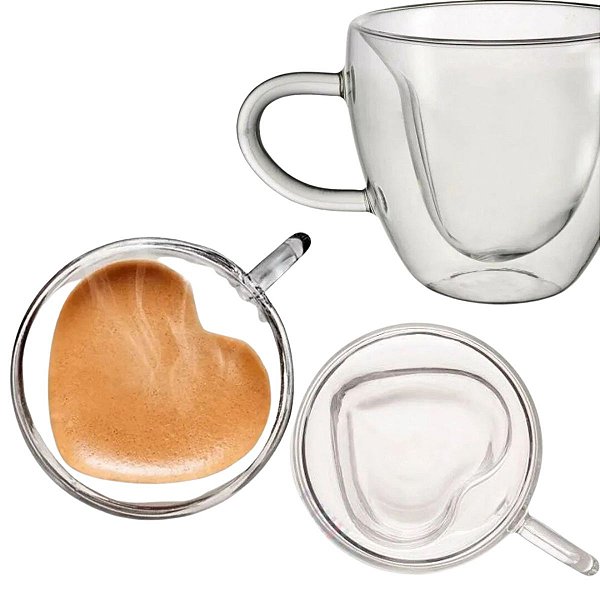 Copo Xicara Coração Parede Dupla Café Chá Espresso Kit 2un