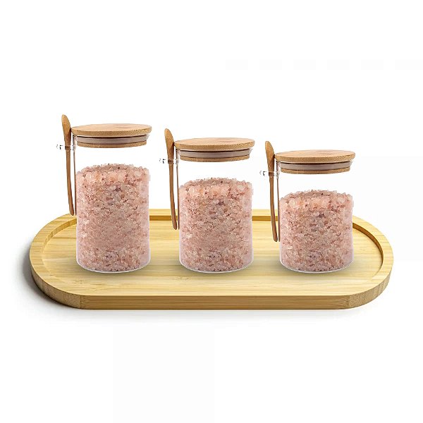Petisqueira Bandeja Oval 33cm + 3 Pote Bambu Com Colher