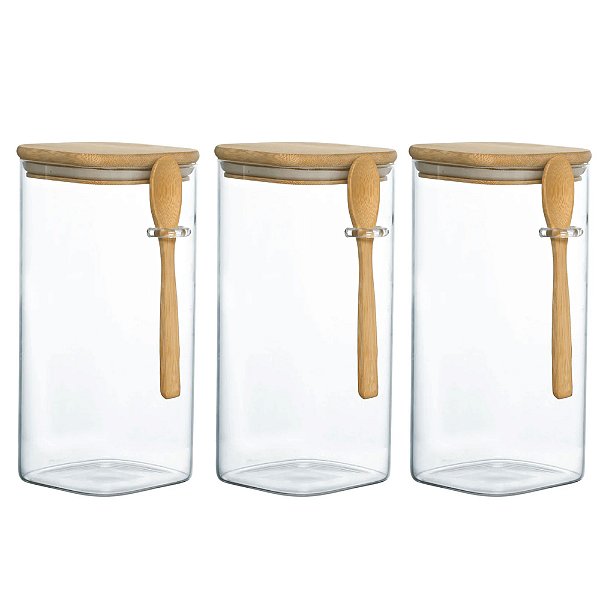 Kit 3 Pote Hermético Vidro E Bambu Com Colher 1400ml