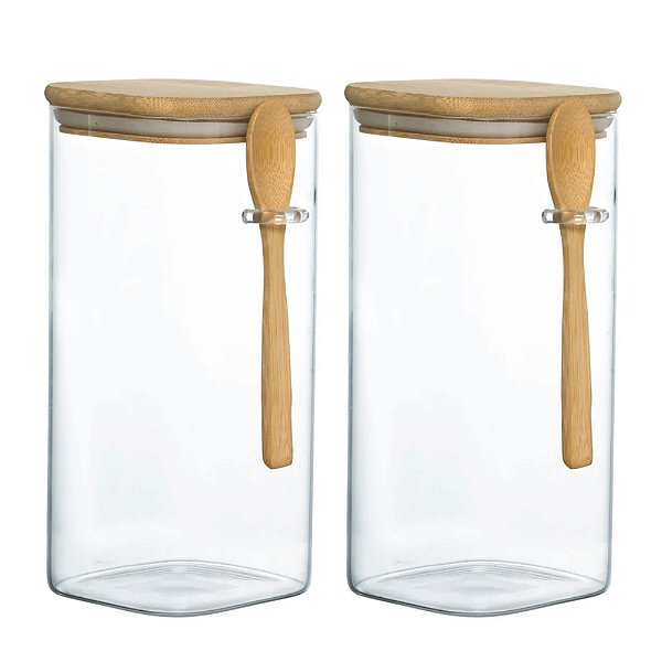 Kit 2 Pote Hermético Vidro E Bambu Com Colher 1600ml
