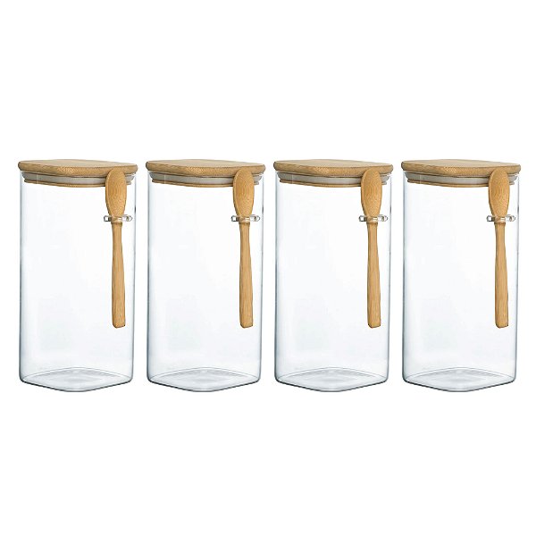Kit 4 Pote Hermético Vidro E Bambu Com Colher 1600ml