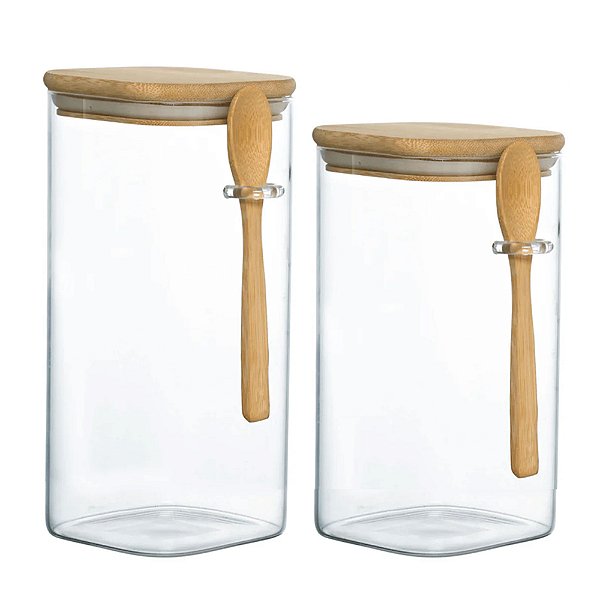 Kit 2 Pote Hermético Vidro E Bambu 1600ml 1400ml