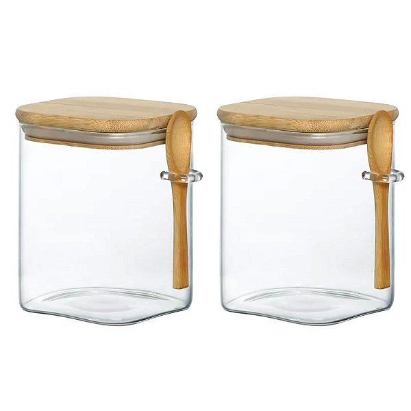 Kit 2 Porta Condimentos Vidro E Bambu Com Colher 1200ml
