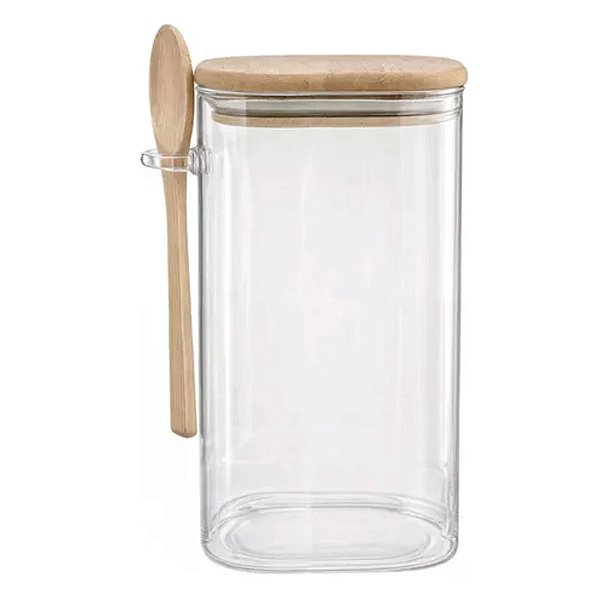 Pote Hermético Vidro Tampa De Bambu Com Colher 1500ml