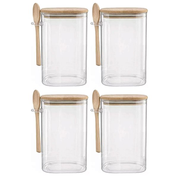 Kit 4 Pote Hermético Vidro Tampa De Bambu Com Colher 1500ml