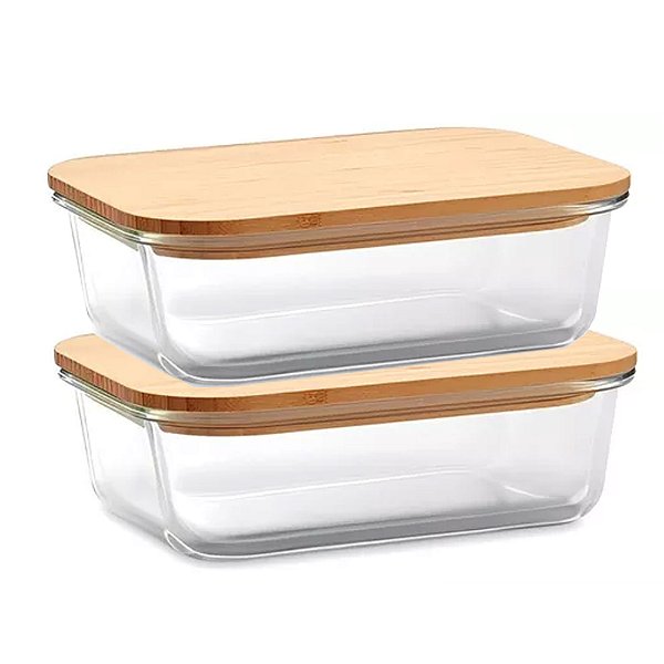 Kit 2 Pote Hermético Vidro Tampa De Bambu 600ml