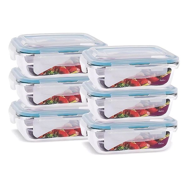 6 Potes Vidro Retangular 640ml Hermético Quality House
