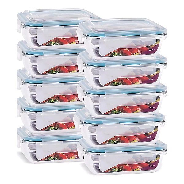 10 Potes Vidro Retangular 640ml Hermético Quality House