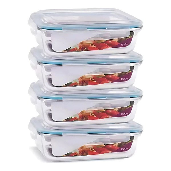 4 Potes Vidro Retangular Hermética 1520ml Quality House