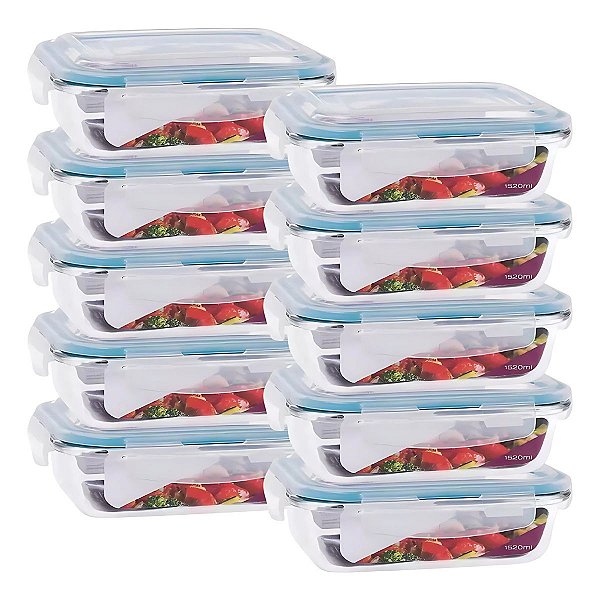 10 Potes Vidro Retangular Hermético 1520ml Quality House