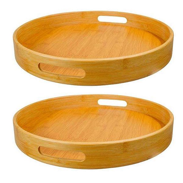 Kit 2 Bandeja Bambu Redonda Funda Decorativa Organizadora