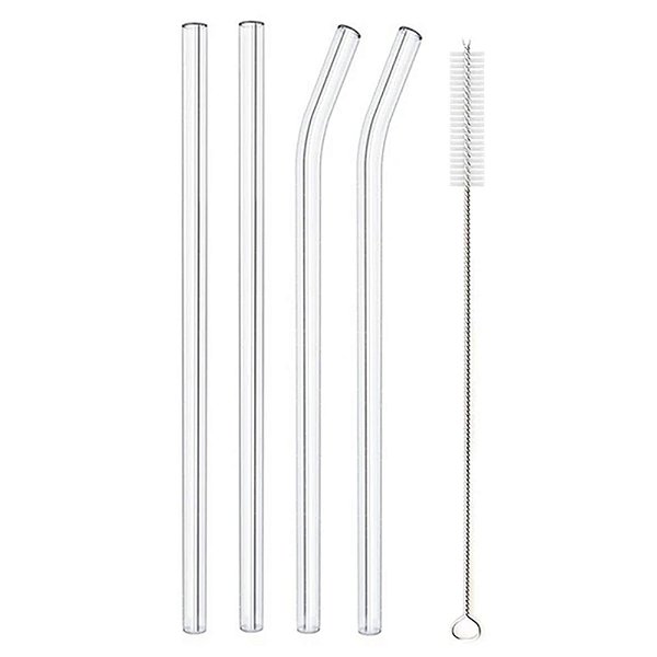 Kit Canudos Vidro 10mm Incolor - 2 Retos + 2 Curvos + Escova