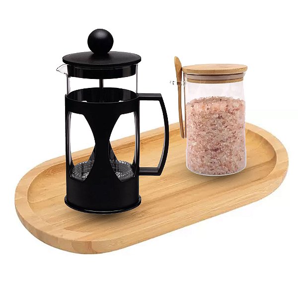 Kit Prensa Francesa + Porta Condimento Com Colher + Bandeja Oval Bambu