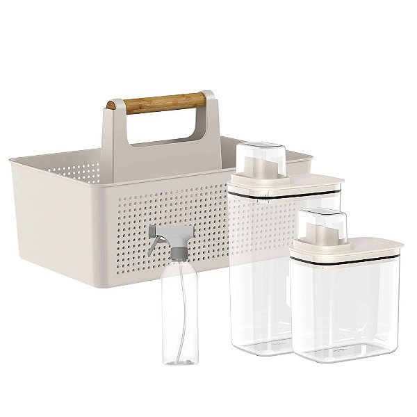 Kit Lavanderia Simples Com Organizador + 2 Dispenser + Borrifador