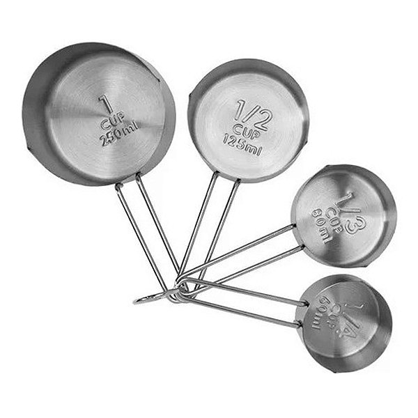 Kit Com 4 Tamanhos De Xícaras De Medidas Culinária Em Inox
