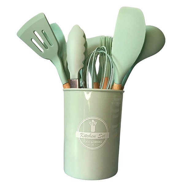 Kit 12 Utensílios Cozinha Silicone Cabo Bambu Resistente Verde