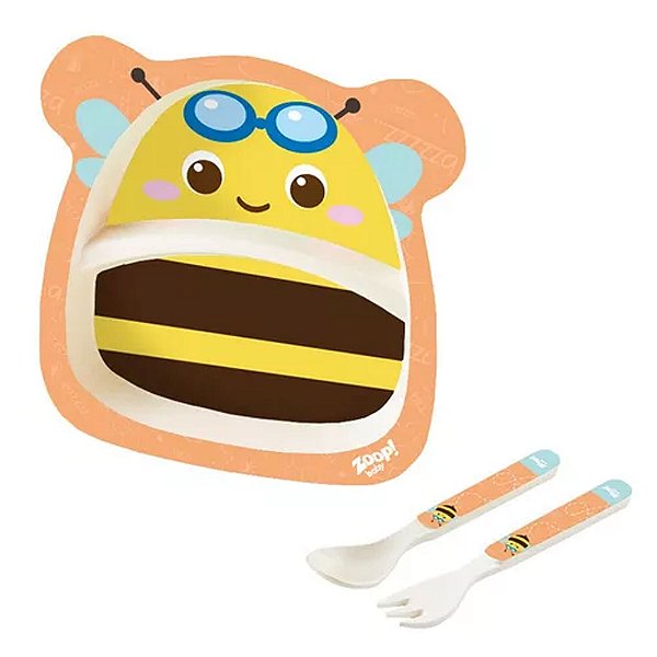 Kit Refeição Com Prato Infantil + Colher E Garfo Abelha