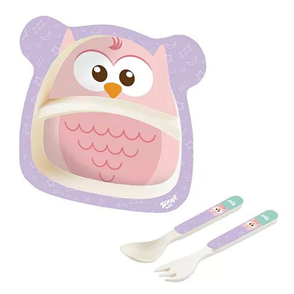Kit Refeição Com Prato Infantil + Colher E Garfo Coruja