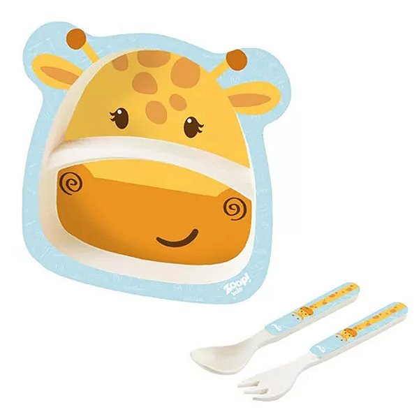 Kit Refeição Com Prato Infantil + Colher E Garfo Girafa