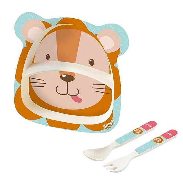 Kit Refeição Com Prato Infantil + Colher E Garfo Leão