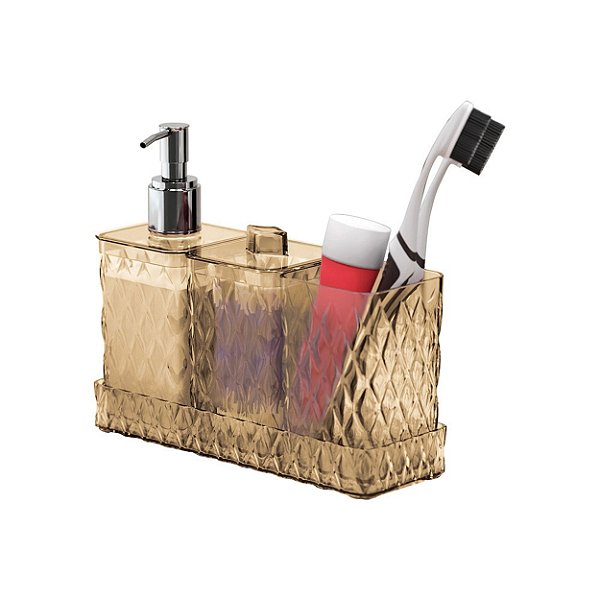 Kit Banheiro Cristal Transp  Ambar 3 Peças Glamour Plasutil