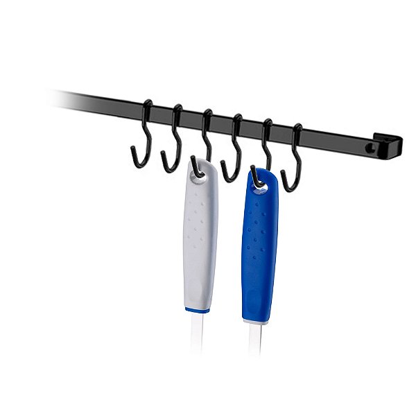 Suporte Utensilios Barra Piatina 45 Cm + 6 Ganchos Preto Fosco