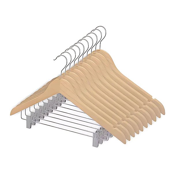 Kit 10 Cabides Madeira Marfim Com Presilhas Paramount