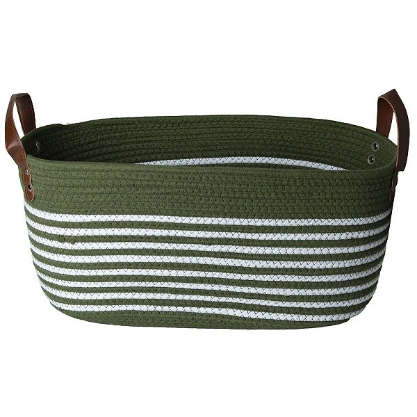 Cesto De Algodão 38x22x17 C/ Alça  Verde Com Listras Brancas