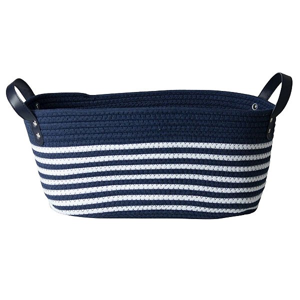 Cesto De Algodão 38x22x17 C/alça Azul C/ Listras Brancas