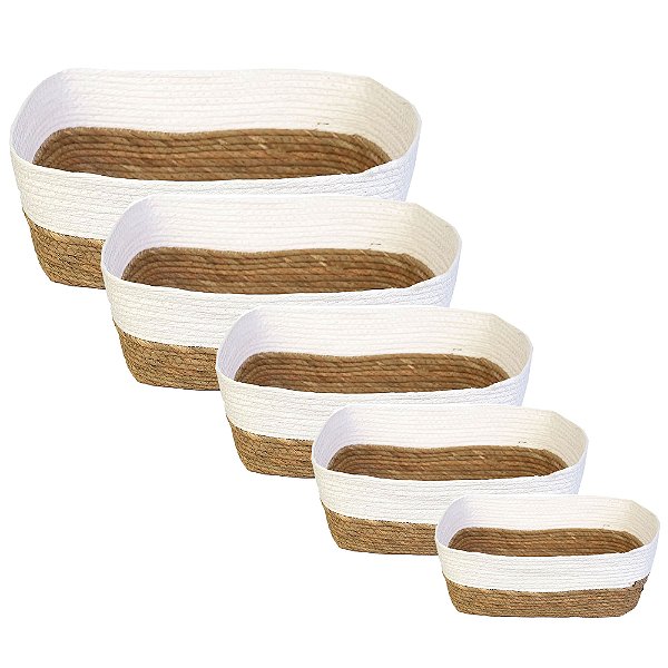 Kit 5 Cesto Organizador Branco Diferentes Tamanhos Fibra Natural