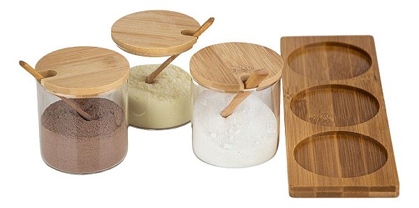 Conjunto 3 Porta Condimentos Vidro E Bambu Com Colher Organizador De Temperos
