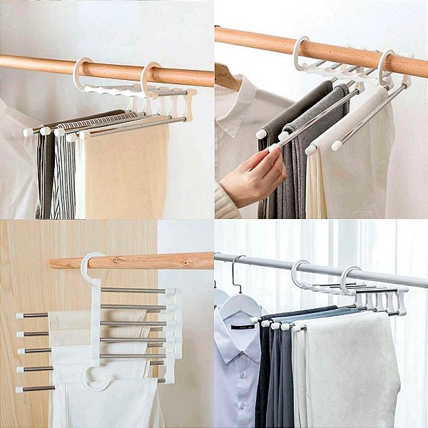 Kit 2 Cabide Mágico Inox Retrátil Com 5 Varetas – Organização E Praticidade Para Seu Guarda-roupa