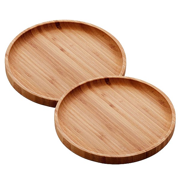 Kit 2 Prato De Bambu Madeira Redonda Cozinha Tábua Bandeja 20cm