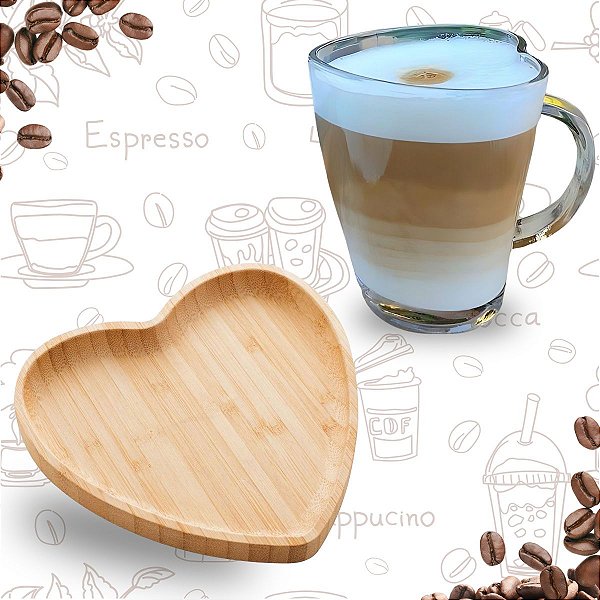 Caneca De Vidro Coração 240ml + Pires De Bambu Coração 12,5 Cm