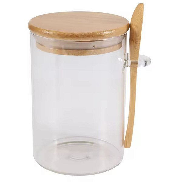 Pote De Vidro Redondo Tampa Bambu Hermético C/ Colher 620ml