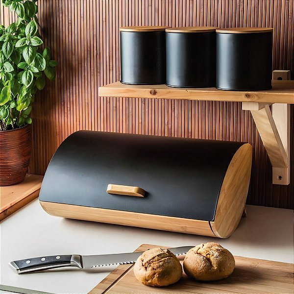 Porta Pão De Forma Panetones Bolo Bambu Tampa Metal Cozinha
