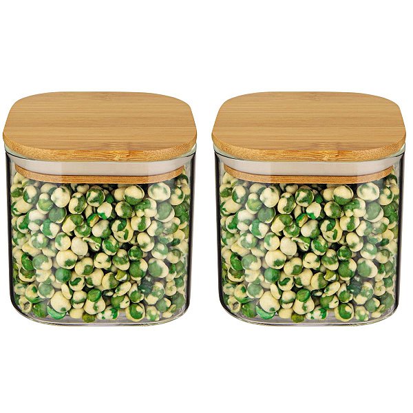 2 Potes Herméticos Quadrado Vidro Tampa De Bambú 500ml