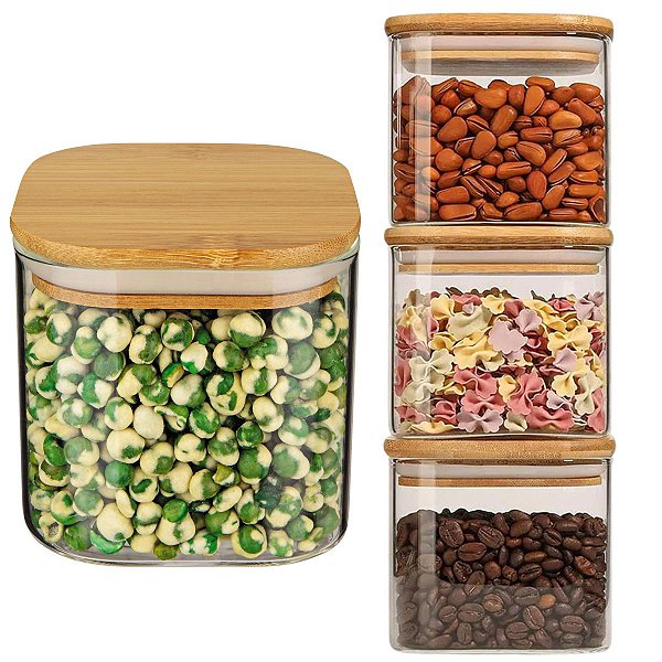 Kit 4 Potes Herméticos Quadrado Vidro Tampa De Bambú 500ml